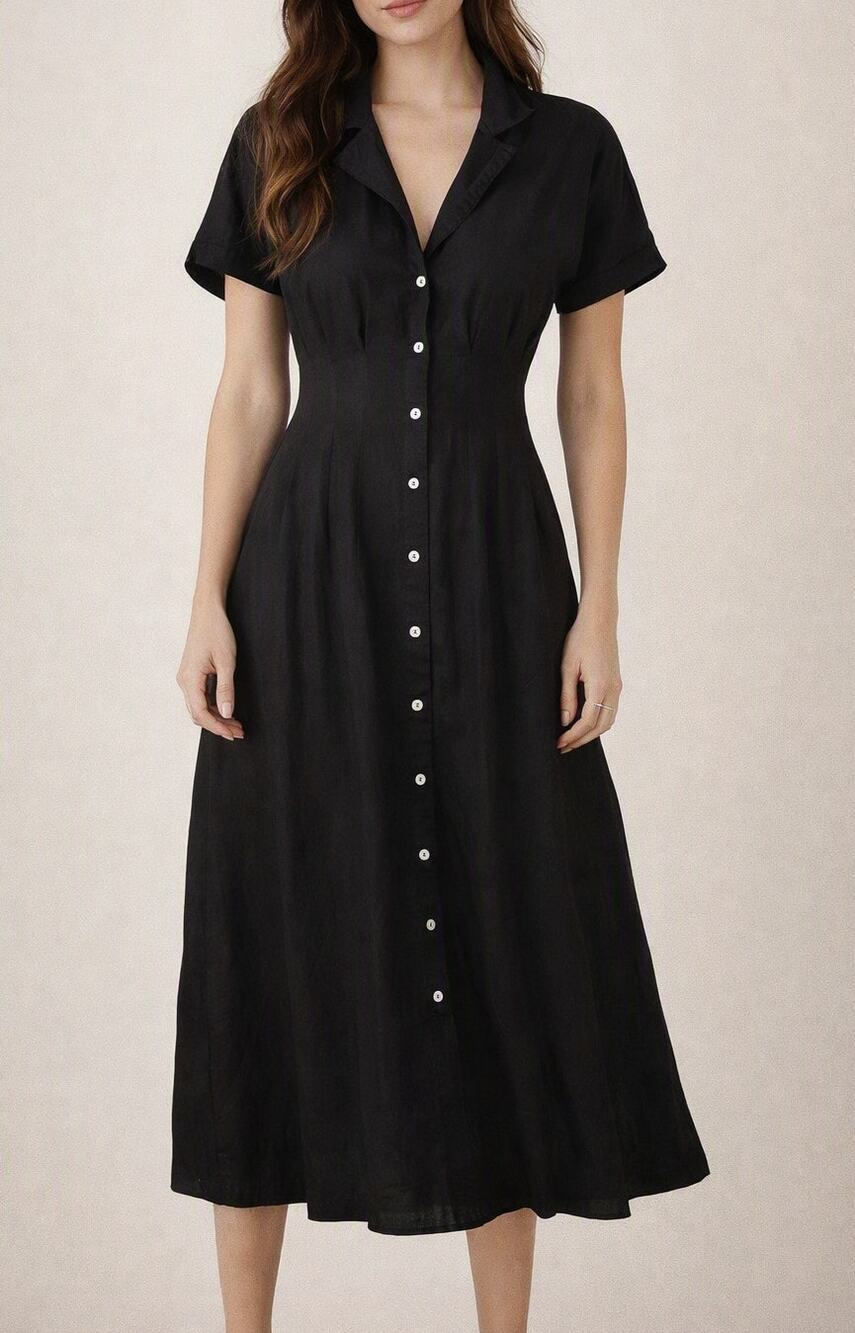 Halston Linen Blend Short Sleeve Midi Shirt Dress Black 4